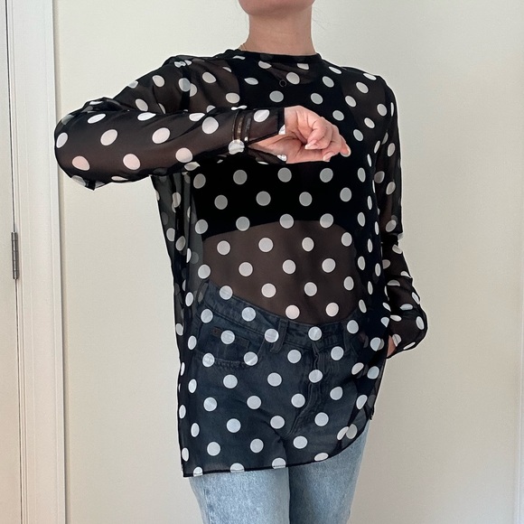Custom Made Poly Chiffon Polka Dot Sheer Blouse /Hot Polka Dot Trend - Picture 4 of 8